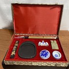 Calligraphy Pen   Ink Holders Set In Antiqued Silky And Red Silk Box Vintage