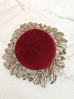 Vintage Victorian Style Pin Cushion Red Velvet Metal Base Leaves Flowers