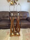Pair Tulip Lamp Mid Century Modern Danish Walnut Wood Brass Lg Table Bedside