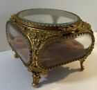 Antique Victorian Filigree Ormolu Beveled Glass Jewelry Casket Box 5x5x4    Pink