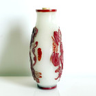 Antique Chinese Peking Glass Snuff Bottle Dragons Rising Red Overlay On White