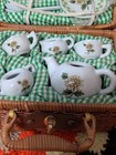Vtg  Sunflower Porcelain Children   s Tea Party Set For 2 Picnic Basket 13 Pieces