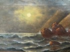 Antique 19thc Oil Painting On Canvas - Moonlit Nocturne Seascape - H Duprez 