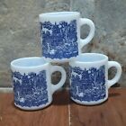 Vintage White Milk Glass Blue Asian Scene Coffee Tea Cup Mug Set Of 3