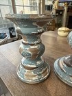 Set Of 2 Distressed Turquoise Blue Wooden Candle Stands Shabby Chic 8    6   