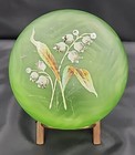 Bohemian Satin Green Chevron Glass Lily Enamel Trinket Powder Box Jar Large 