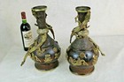 Antique Pair Chinese Copper Crawling Dragon Vases Stones 1900s 