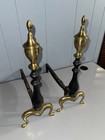 Vintage Pair Of Bennett Cast Iron Brass Fireplace Andirons Firedogs Excellent
