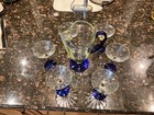Vtg Romanian Handblown Optic Glass Cobalt gold Martini Pitcher 6 Glasses
