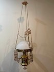 Antique Art Nouveau Victorian Brass Milk Glass Oil Lamp Chandelier Pulley Large