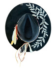 Western Black Felt Fedora  Custom Burned And Painted Design  Feather Trim