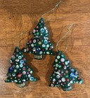 Set Of 3  Fancy Green Felt Handmade Christmas Tree Ornaments  Beads   Sequins