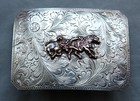 Vtg Fleming Cowboy Horse Rodeo Bull Dogging Sterling Silver Western Belt Buckle 