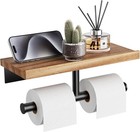 Double Toilet Paper Holder With Wood Shelf  Wooden Wall Mount Toilet Paper Ro   