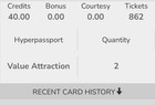 In The Game Arcade Play Card  40 Credits   862 Tickets   10 Value 