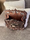 Antique Victorian Carved  Walnut And Leather  Wall Mount Wall Pocket