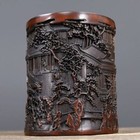 Chinese Antique Old Bamboo Carved Scenery Brush Pot Collection Office Supplies
