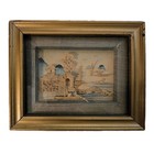 Two Antique Japanese Cork Cutting Art Landscape House Trees Framed 7x5 5 