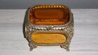 Antique Jewelry Box Casket With Beveled Amber Glass For Trinkets