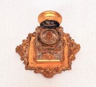 Rare Antique Victorian Gold Gilt Ink Well With Stand hinged Lid With Sapphire 