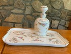 Antique Porcelain Vanity Dresser Tray Plus Vanity Jar Floral Gold Trim
