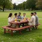 Round Outdoor Wooden Picnic Table For 14-16 People With Benches And Parasol