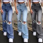 Womens Ripped Denim Jeans Slight Flared Pants Bottoms Trousers Distressed Casual