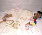 Antique Baby Doll Dress Satin Booties Silk Bonnet Hangers Cup Toys Bear Lot 9pcs