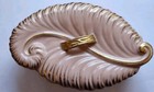Vtg Mcm Hollywood Regency Pink Gold Trinket Box Jewelry Dish W Feather Leaf Lid