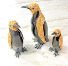 Vintage Heavy Metal Penguin Family Of 3 With Bronze Patina   Detailed With Wood