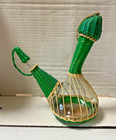 Vintage Green Woven Wicker Bottle Glass Wine Decanter With Stopper  1960 s
