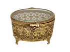 Vtg Gold Filigree Ormolu  Footed Casket Jewelry Trinket Box With Beveled Glass