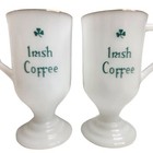 Vintage Irish Coffee Milk Glass Mugs Footed Pedestal Shamrocks Gold Rim Lot Of 2