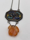 Antique Chinese Import Silver Enamel Necklace Carved Jade Drop Sterling Vintage