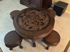 Mid-20th Century Chinese Round Carved Coffee Table With Glass   4 Nesting Stools