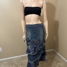 Women   s Blue Denim Cotton Stretch Boho Beads Lace Zip Size L 8-10  Skirt 3332