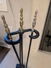 Vintage Wrought Iron Fireplace Tool Set Brass Handles Stand Poker Shovel Broom 