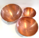 Vtg Set Of 3 Rolled Edge Copper Nesting Bowls With Brass Hanging Handles Korea