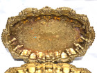 2 Ornate Brass-tone Metal Trays W  Scalloped Edge  Engraved Design