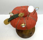 Antique Pin Cushion Strawberry Top Wooden Sewing Spool Holders Old Pins Sharpner