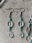 Clear Crystal Turquoise Blue Glass Beads Necklace Earrings Set Stainless Steel
