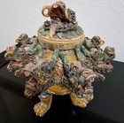 Vintage Ornate Ceramic Covered Censer With Sculptural Details-8  X 10 h