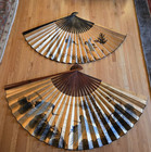 2 Huge Chinese Wall Decor Gold Paper Fans Painted With Cranes  Bamboo   Trees