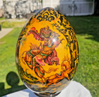 Wooden Egg   battle  By A  Ryzhikh Hand Painted Lacquer W stand Vntg From Russia