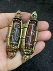 Two Pcs Rare Tibetan Brass Inlay Agate Dzi  9eyed  Turning Bead Pendants          