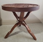 Vintage Asian Oriental Wood Carved Dragon Side Table W Folding Legs 19 Inch Tall