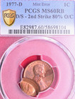 1977-d Double Struck Eror Lincoln Memorial Cent  Pcgs Ms-60 Rb