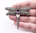 Sterling Silver 925 Dragonfly Filigree Brooch Pin Oval Purple Amethyst 3in