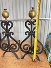Antique 19th Century Wrought Iron   Brass Andirons Pair Fireplace Round Finials
