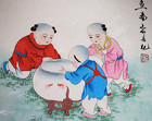 Vtg Children W Fishbowl Chinese Watercolor   Ink Painting Signed framed Art Exc